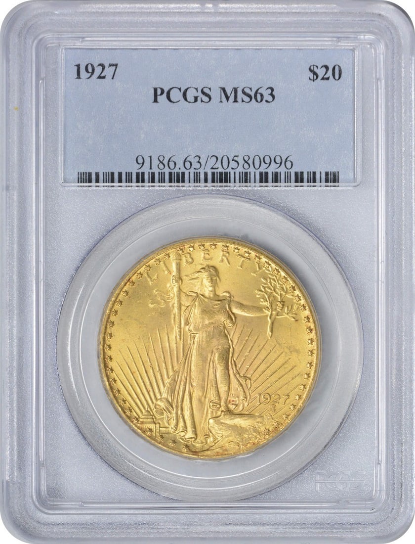 1927 $20 Gold St Gaudens Coin MS63 PCGS Uncirculated: 1927 $20 Gold St Gaudens Coin MS63 PCGS Uncirculated This stunning 1927 $20 Gold St. Gaudens coin showcases the exceptional artistry of designer Augustus Saint Gaudens. Graded MS63 by PCGS, this uncir