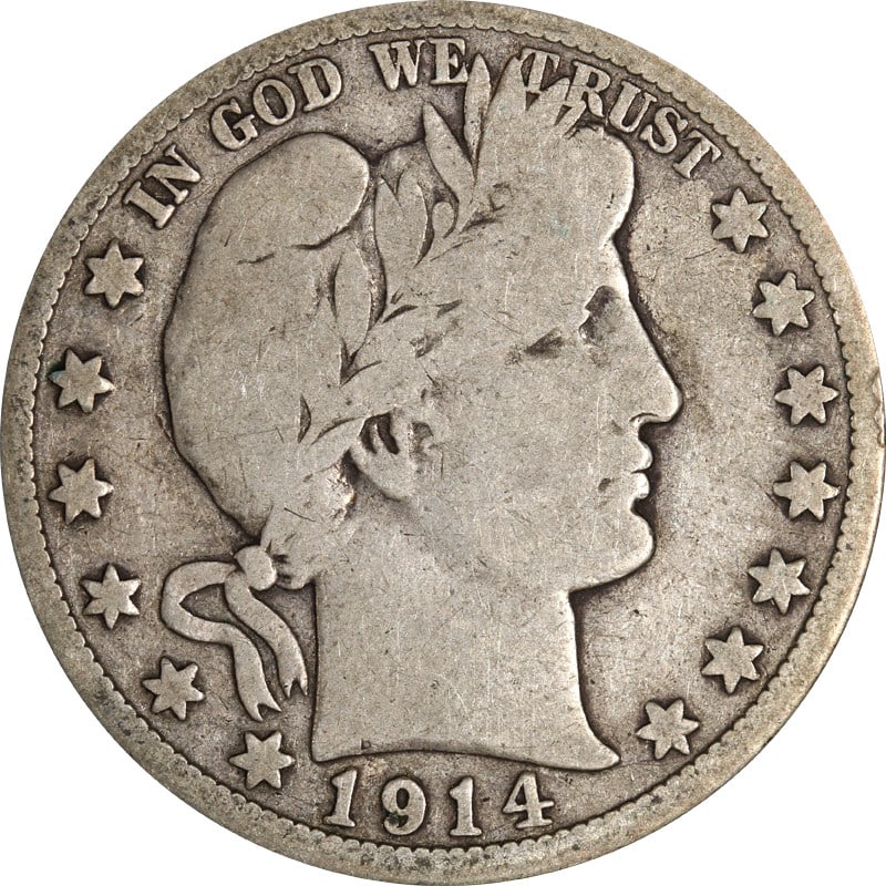 Silver 1914-S Barber Half Dollar: Silver 1914-S Barber Half Dollar This 1914-S Barber Half Dollar is a circulated coin from the United States, minted in San Francisco. Composed of 90% silver, it is an example of early 20th-century Ame