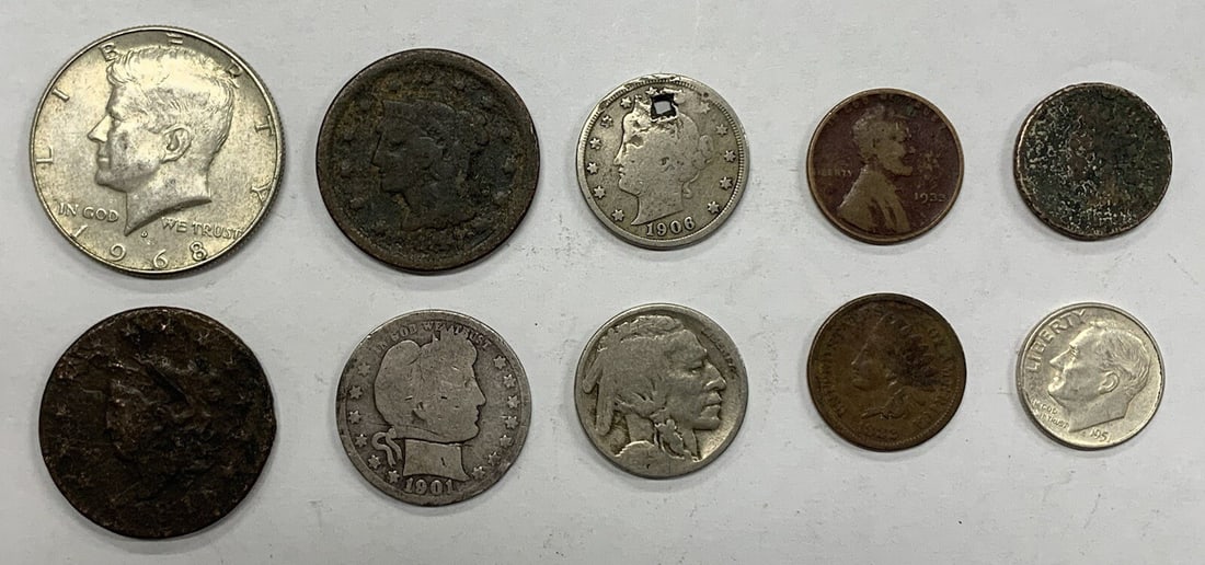 Lot of 10 Damaged US Type Coins Silver Copper Assortment: Lot of 10 Damaged US Type Coins Silver Copper Assortment This lot includes 10 pre-owned US type coins, each showing signs of damage. The collection features a variety of coins composed of silver and c