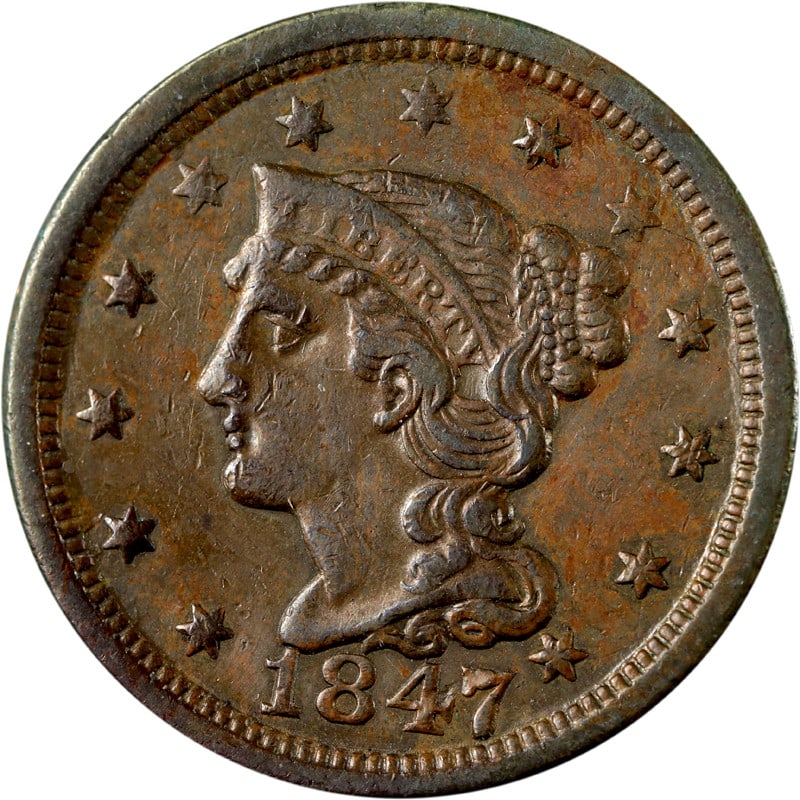 1847 United States Copper Large Cent Circulated Coin: 1847 United States Copper Large Cent Circulated Coin This is an 1847 Large Cent from the United States. The coin is circulated and made of copper. It is uncertified and is in pre-owned condition. Spec