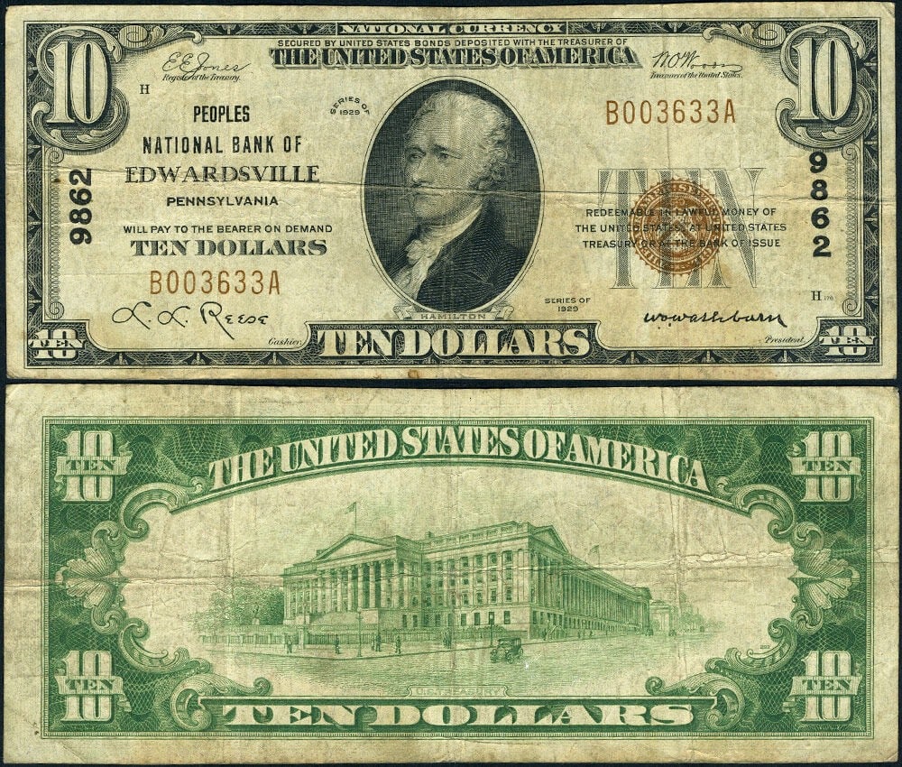 Edwardsville Pennsylvania 1929 T1 $10 National Bank Note Peoples NB (1 of 3)