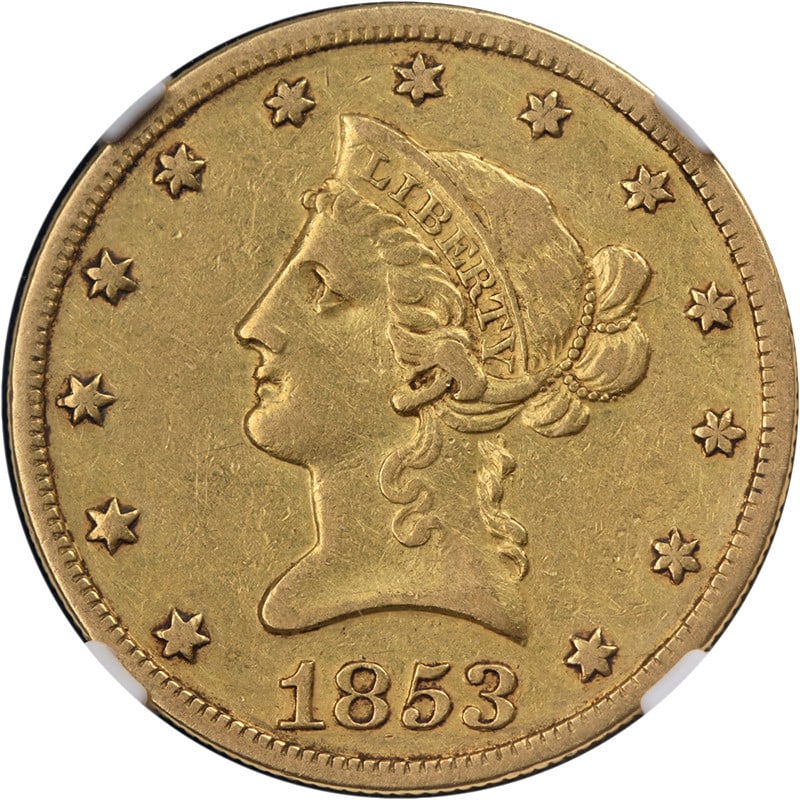 1853-O Liberty Head $10 Gold NGC XF45: 1853-O Liberty Head $10 Gold NGC XF45 This 1853-O Liberty Gold $10 coin is graded XF45 by NGC, indicating it is in Extra Fine condition with appealing surfaces and a strong strike. The coin is compose