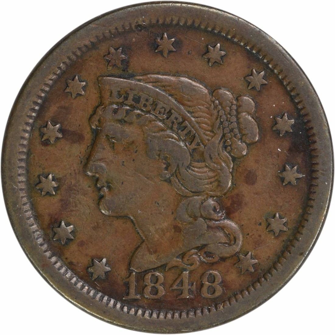 1848 Braided Hair Large Cent Copper Coin VF Uncertified: 1848 Braided Hair Large Cent Copper Coin VF Uncertified This 1848 Large Cent features the Braided Hair design by Christian Gobrecht, minted in Philadelphia. The coin is in Very Fine (VF) condition, sh