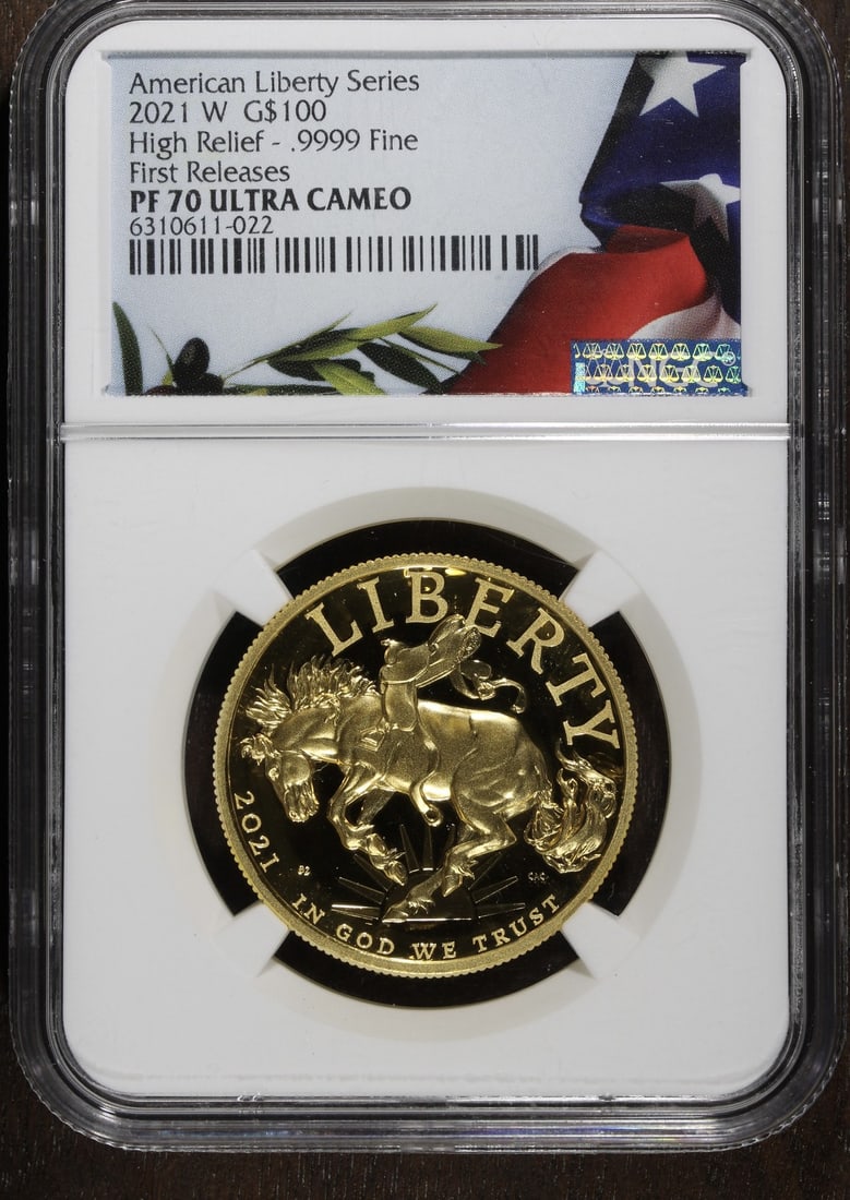 2021-W NGC PF70 First Releases American Liberty $100 Gold Coin: 2021-W NGC PF70 First Releases American Liberty $100 Gold Coin This 2021-W American Liberty High Relief Gold $100 coin features a proof strike and is certified by NGC as a First Release with a perfect