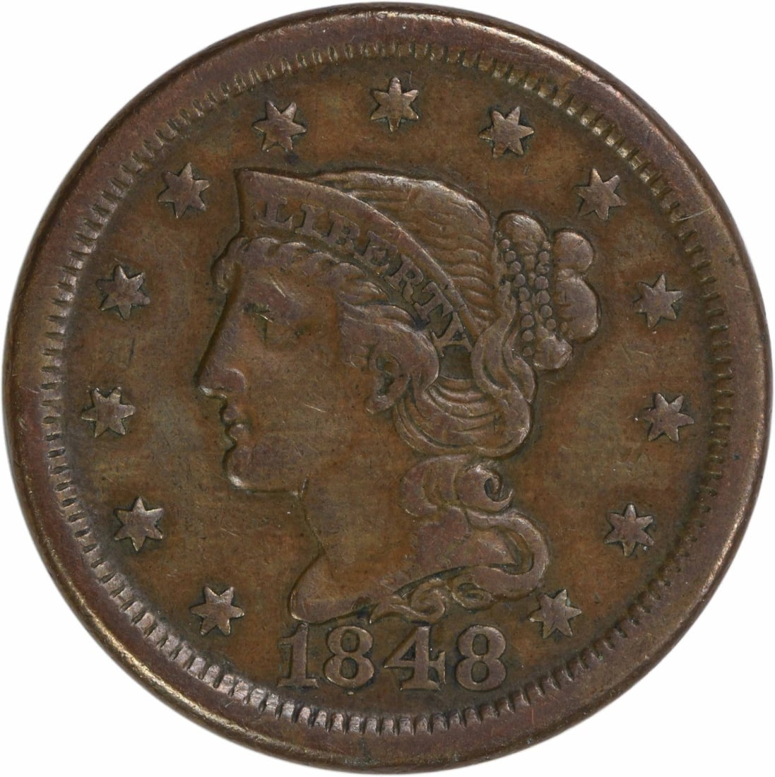 1848 Braided Hair Large Cent VF Uncertified Philadelphia Mint: 1848 Braided Hair Large Cent VF Uncertified Philadelphia Mint This 1848 Large Cent, with a denomination of one cent, features the classic Braided Hair design by Christian Gobrecht. It is in Very Fine 