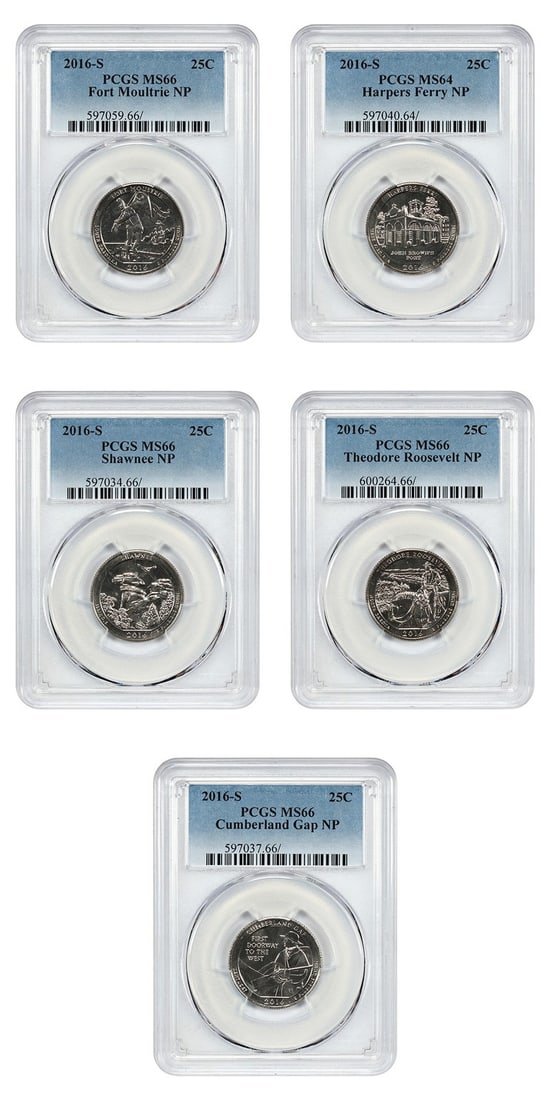 PCGS MS66 2016-S America the Beautiful Quarters 5-Coin Clad Set: PCGS MS66 2016-S America the Beautiful Quarters 5-Coin Clad Set This is a full set of 2016-S America the Beautiful quarters, each graded MS66 by PCGS. The set includes five uncirculated clad coins rep