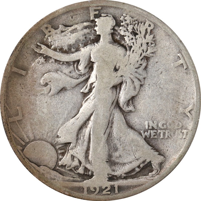 1921 San Francisco Walking Liberty Silver Half Dollar Coin: 1921 San Francisco Walking Liberty Silver Half Dollar Coin This is a 1921-S Walking Liberty Half Dollar coin minted in San Francisco. The coin is composed of silver and is in circulated, pre-owned con