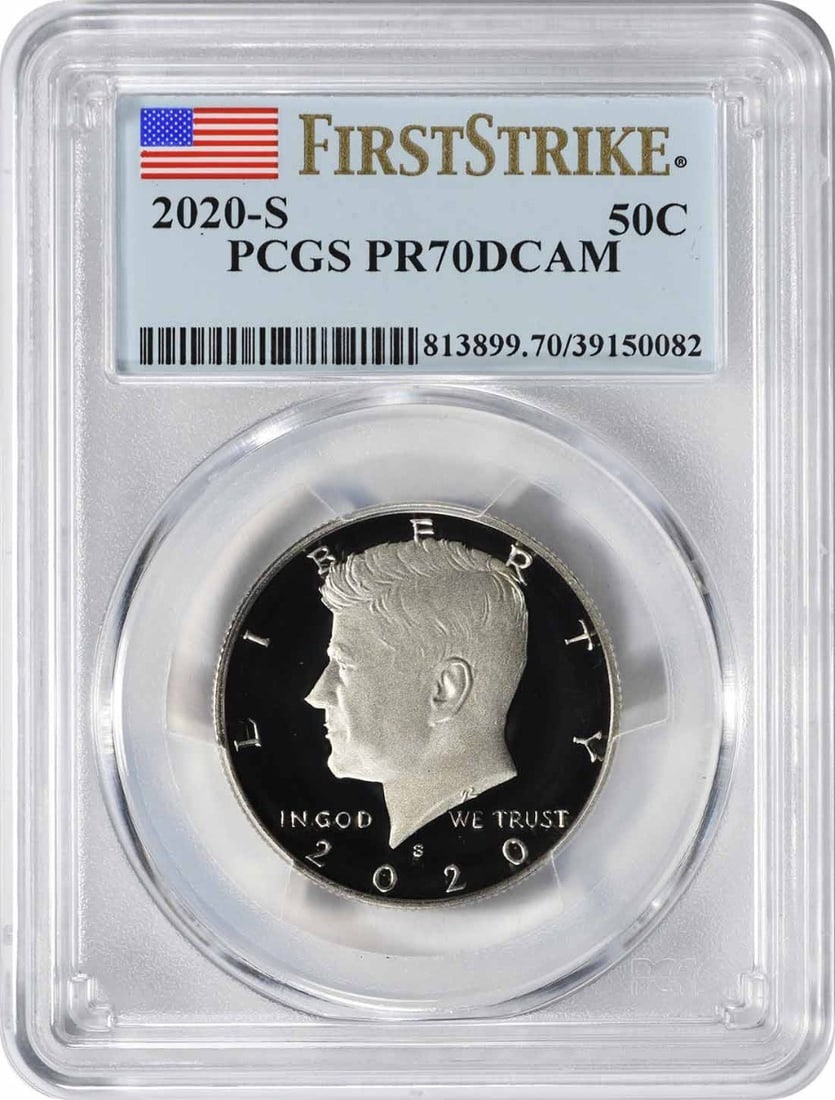 2020-S Kennedy Half Dollar PR70DCAM Proof Coin PCGS Certified: 2020-S Kennedy Half Dollar PR70DCAM Proof Coin PCGS Certified This 2020-S Kennedy Clad Half Dollar is a stunning piece certified by PCGS as PR70DCAM, indicating its perfect grade. This uncirculated co