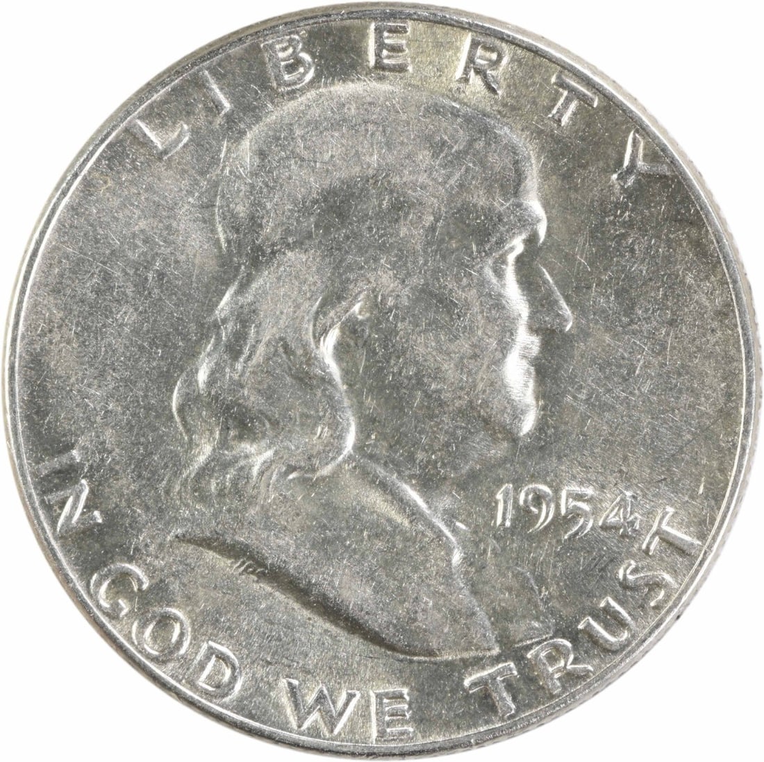 1954 Philadelphia Franklin 50C Silver Coin About Uncirculated Uncertified: 1954 Philadelphia Franklin 50C Silver Coin About Uncirculated Uncertified This 1954 Franklin Half Dollar from the Philadelphia Mint is composed of 90% silver and 10% copper. Designed by John R. Sinnoc