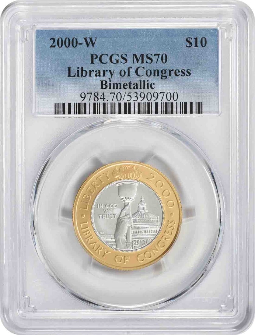 PCGS MS70 2000-W Library of Congress $10 Gold Coin: PCGS MS70 2000-W Library of Congress $10 Gold Coin This 2000-W Library of Congress Commemorative $10 coin is a bimetallic piece crafted from gold and platinum. It was minted in 2000 at the West Point 