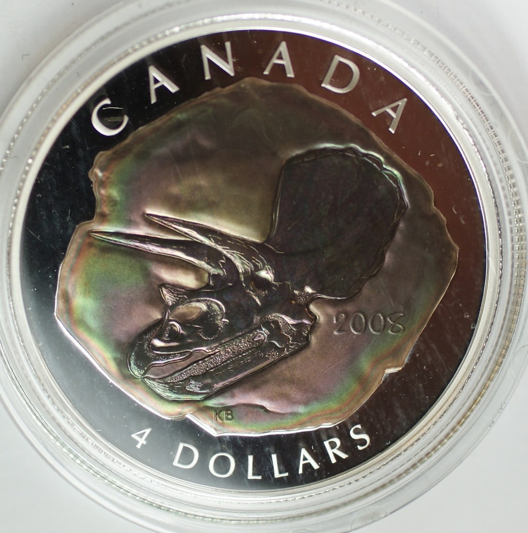 Triceratops 2008 Proof 1/2 oz Silver $4 Canada Coin With Box and COA: Triceratops 2008 Proof 1/2 oz Silver $4 Canada Coin With Box and COA This 2008 Canada $4 proof silver coin features a Triceratops design and is crafted from 1/2 oz of .9999 fine silver. The commemorat