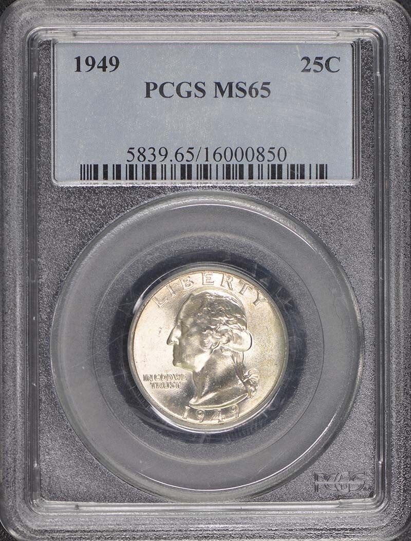 1949 Washington Quarter PCGS MS65 Uncirculated Philadelphia Mint: 1949 Washington Quarter PCGS MS65 Uncirculated Philadelphia Mint This 1949 Washington Quarter is graded MS65 by PCGS, ensuring its outstanding quality. It is an uncirculated coin from the Philadelphia