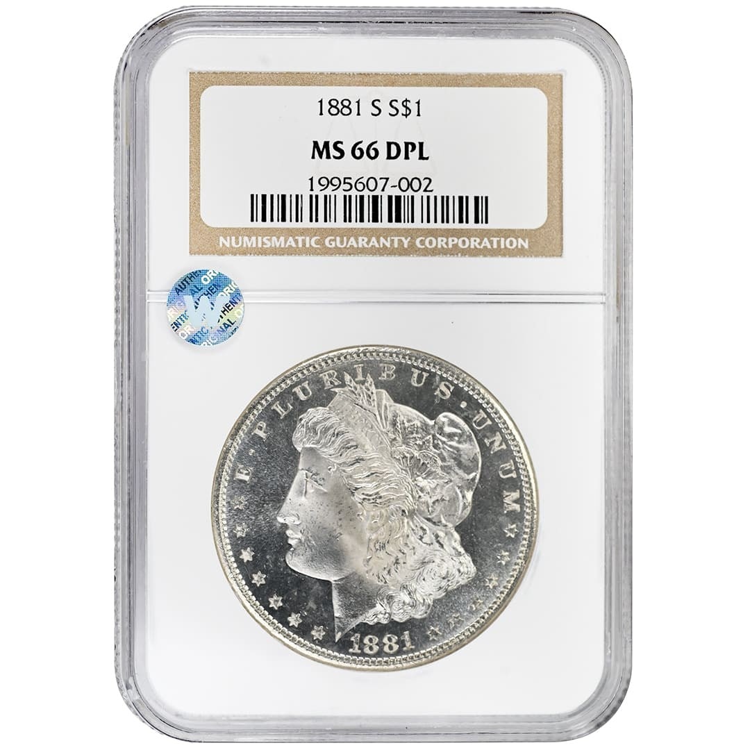 NGC MS66DPL 1881-S Morgan Silver Dollar: NGC MS66DPL 1881-S Morgan Silver Dollar This 1881 Morgan Dollar was minted in San Francisco and is composed of silver. Graded MS66DPL by NGC, it features a Deep Proof-Like strike and is in uncirculate