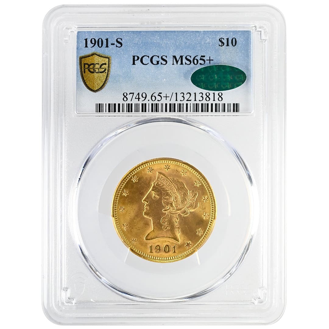 1901-S Liberty Head $10 PCGS MS65+ CAC: 1901-S Liberty Head $10 PCGS MS65+ CAC This 1901-S $10 Liberty Head gold coin is graded MS65+ by PCGS and features CAC approval, signifying its exceptional quality. Struck at the San Francisco Mint, t