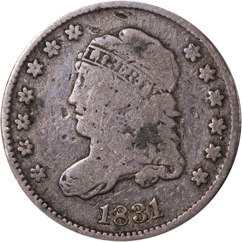 1831 United States Silver Bust Half Dime Circulated Coin: 1831 United States Silver Bust Half Dime Circulated Coin This is an 1831 Bust Half Dime from the United States, composed of silver. The coin is circulated and uncertified, offering a collectible examp