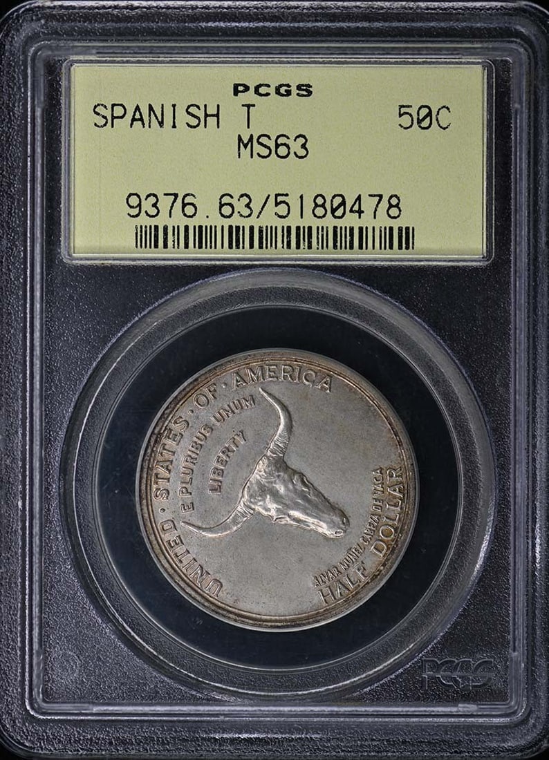 1935 Spanish Trail 50C PCGS MS63 Silver Commemorative: 1935 Spanish Trail 50C PCGS MS63 Silver Commemorative This is a 1935 Spanish Trail 50-cent silver commemorative coin, graded MS63 by PCGS. Struck at the Philadelphia Mint, this coin is composed of 90%