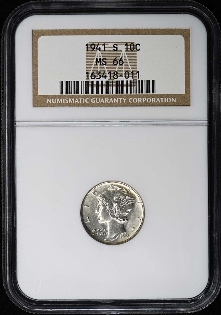 NGC MS66 San Francisco 1941 Mercury Dime Ten Cent Coin: NGC MS66 San Francisco 1941 Mercury Dime Ten Cent Coin This is a 1941-S Mercury Dime graded MS66 by NGC. Minted in San Francisco, this uncirculated coin is a fine example of pre-owned United States cu