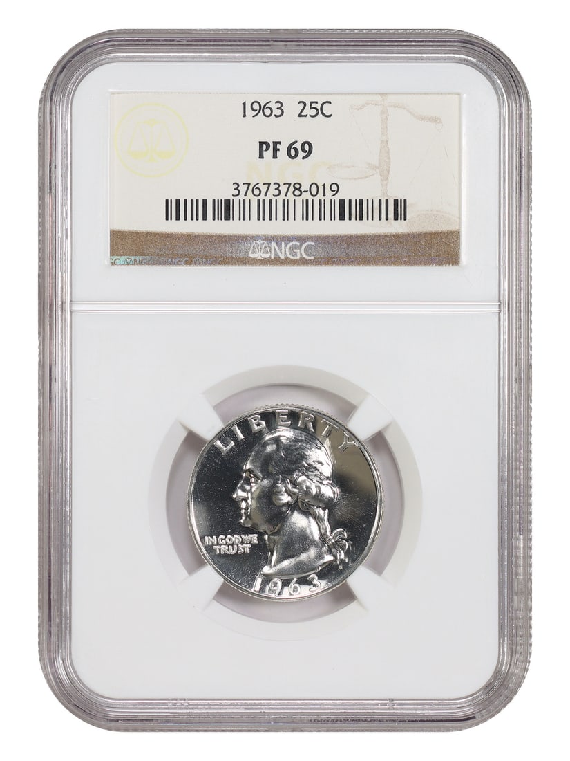 1963 Philadelphia 25C NGC PR69 Washington Quarter: 1963 Philadelphia 25C NGC PR69 Washington Quarter This 1963 Washington Quarter features a denomination of 25 cents and was minted in Philadelphia. It is certified by NGC and has been graded PR69, indi