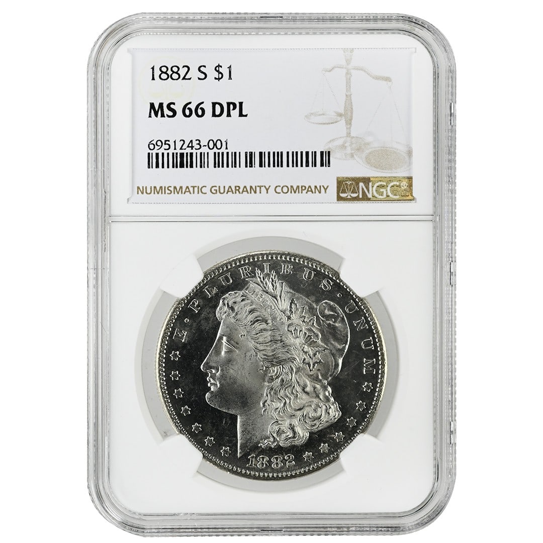 1882-S Morgan Dollar NGC MS66DPL Deep Proof Like Silver: 1882-S Morgan Dollar NGC MS66DPL Deep Proof Like Silver This 1882-S Morgan Dollar is graded MS66DPL by NGC, indicating a Deep Proof-Like strike and uncirculated condition. The coin features a blast wh