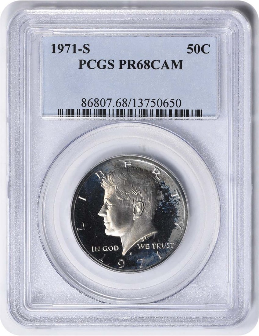 1971-S Kennedy Half Dollar Proof PR68 PCGS Uncirculated Coin: 1971-S Kennedy Half Dollar Proof PR68 PCGS Uncirculated Coin This 1971-S Kennedy Half Dollar is a stunning example of numismatic artistry, featuring a Proof strike and graded PR68 by PCGS. The coin is