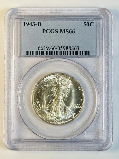 PCGS MS-66 1943-D Walking Liberty Half Dollar Silver: PCGS MS-66 1943-D Walking Liberty Half Dollar Silver This 1943 D Walking Liberty Half Dollar is graded MS-66 by PCGS, indicating a high-quality, uncirculated coin. Minted in Denver, it is composed of 