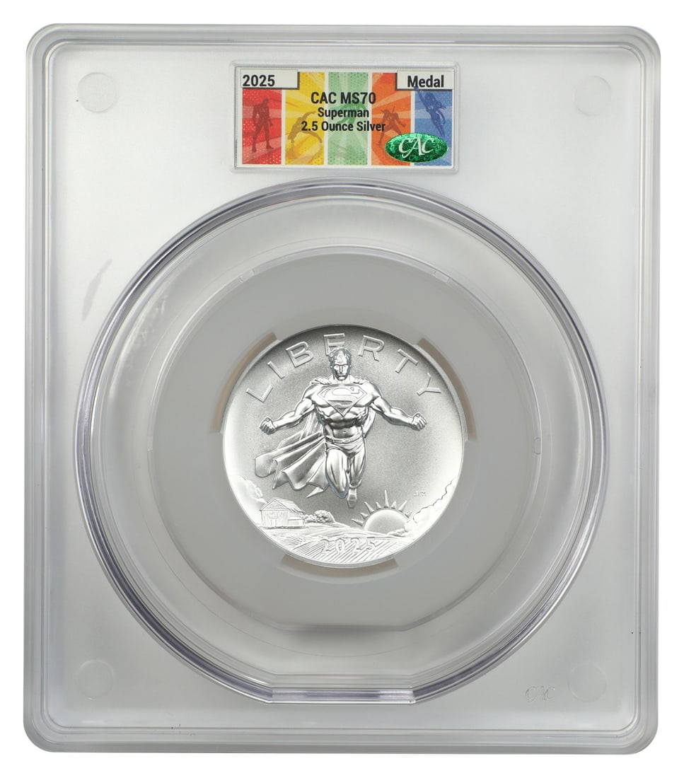 2025 Superman CACG MS70 2.5 oz Silver Medal: 2025 Superman CACG MS70 2.5 oz Silver Medal This 2025 Superman Medal is a modern commemorative piece struck in 2.5 ounces of silver. Issued as a medal (not a coin), it was minted in Philadelphia and r