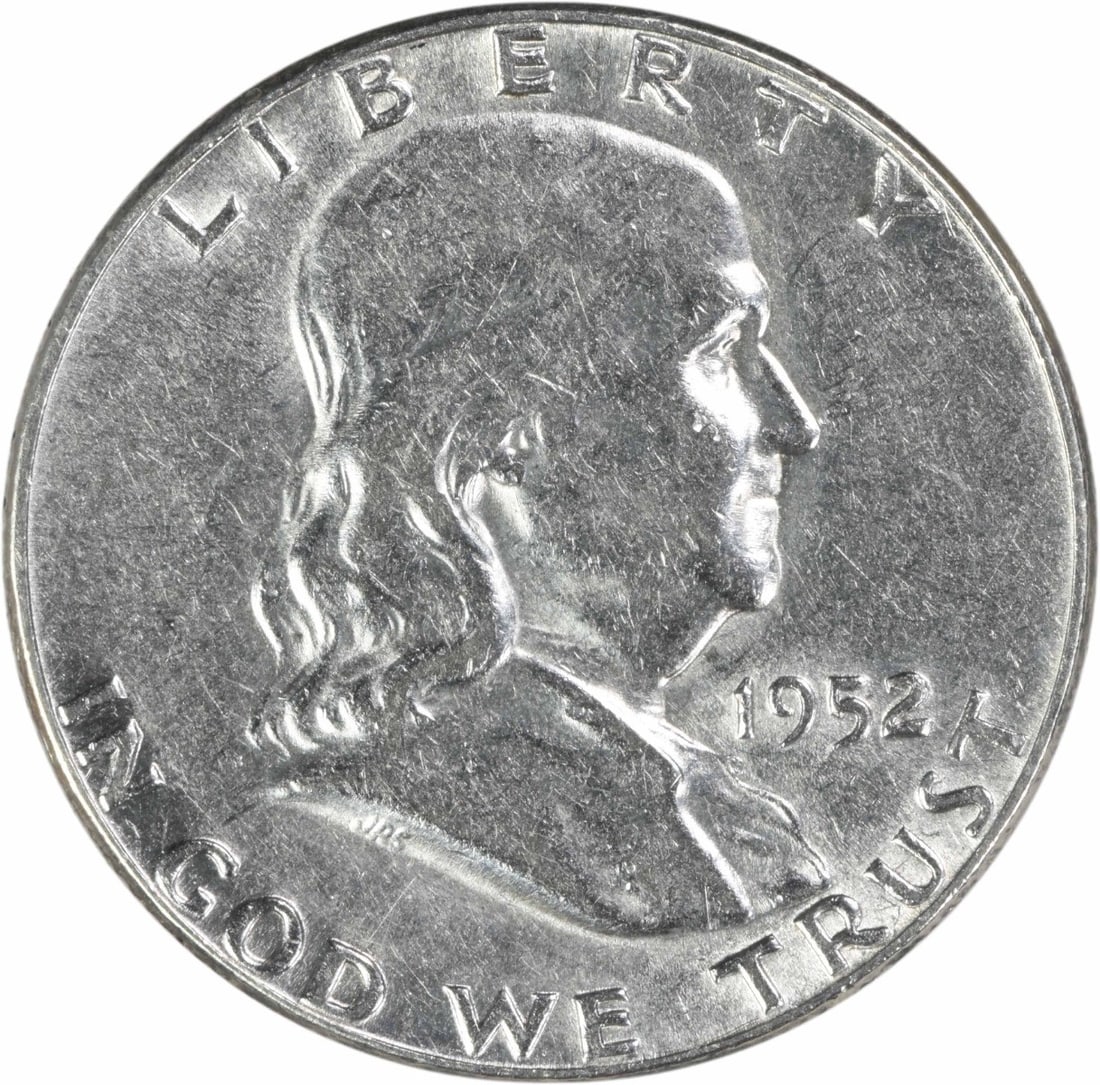 1952 Franklin 50C Silver Coin AU Grade Uncertified: 1952 Franklin 50C Silver Coin AU Grade Uncertified This is a 1952 Franklin Half Dollar coin from the Philadelphia Mint. Composed of 90% silver and 10% copper, this circulated coin features the designs