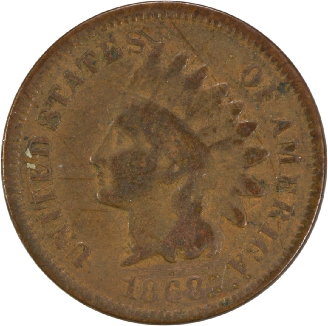 1868 Indian Head Cent G Circulated Uncertified Philadelphia Mint: 1868 Indian Head Cent G Circulated Uncertified Philadelphia Mint This 1868 Indian Cent features the iconic Indian Head design, crafted in Philadelphia. The coin, with a mintage of 10,266,500, is compo