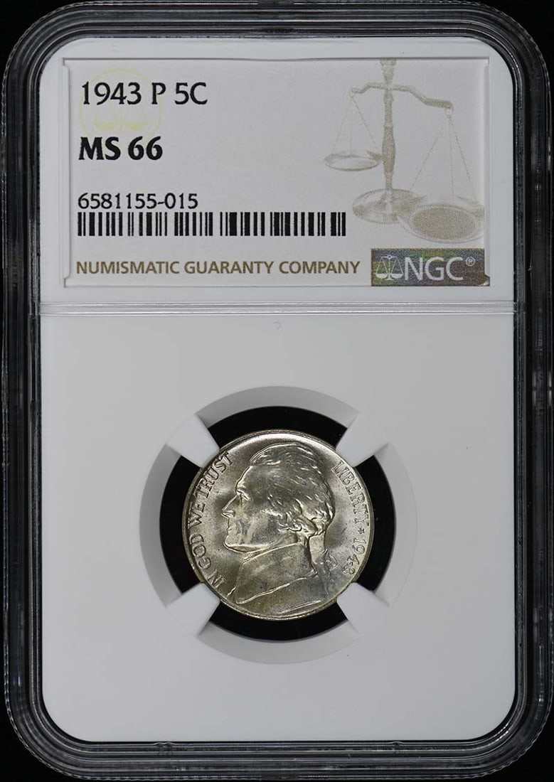 1943 NGC MS66 Jefferson Nickel Uncirculated Coin: 1943 NGC MS66 Jefferson Nickel Uncirculated Coin This 1943 Jefferson Nickel is graded MS66 by NGC, signifying an uncirculated condition with minimal imperfections. Struck at the Philadelphia mint, thi