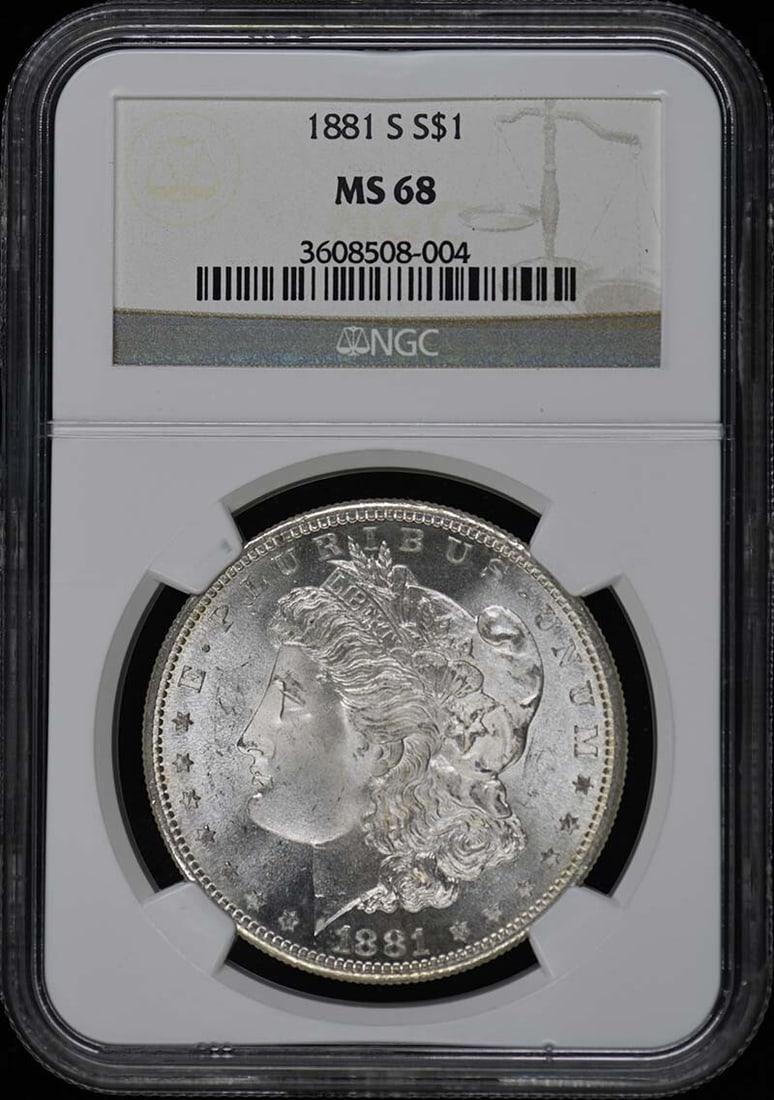 1881-S Morgan Dollar NGC MS68 Uncirculated Coin: 1881-S Morgan Dollar NGC MS68 Uncirculated Coin This 1881-S Morgan Dollar is a stunning example of American coinage, boasting a remarkable grade of MS68 from NGC, indicating its uncirculated condition