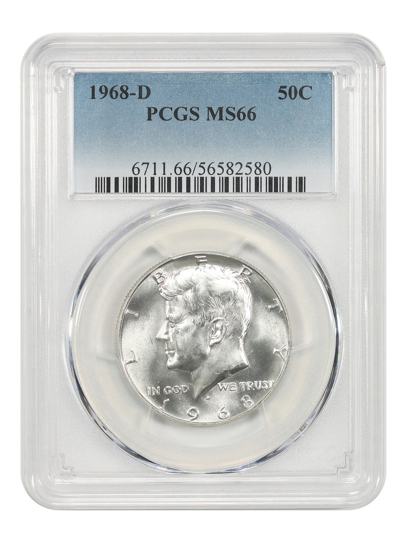 PCGS MS66 1968-D Kennedy Half Dollar 50C: PCGS MS66 1968-D Kennedy Half Dollar 50C This 1968 Kennedy Half Dollar was minted in Denver and is graded MS66 by PCGS. The coin is uncirculated and comes with a PCGS certification. Specifications Den