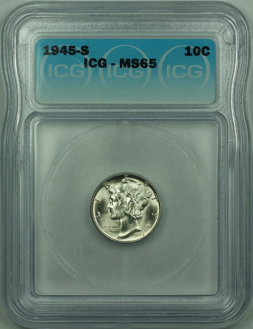 ICG MS-65 1945-S Mercury Dime Silver 10c: ICG MS-65 1945-S Mercury Dime Silver 10c This 1945-S Mercury Silver Dime is graded MS-65 by ICG. Minted in San Francisco, it is composed of 90% silver and remains in uncirculated condition. This colle