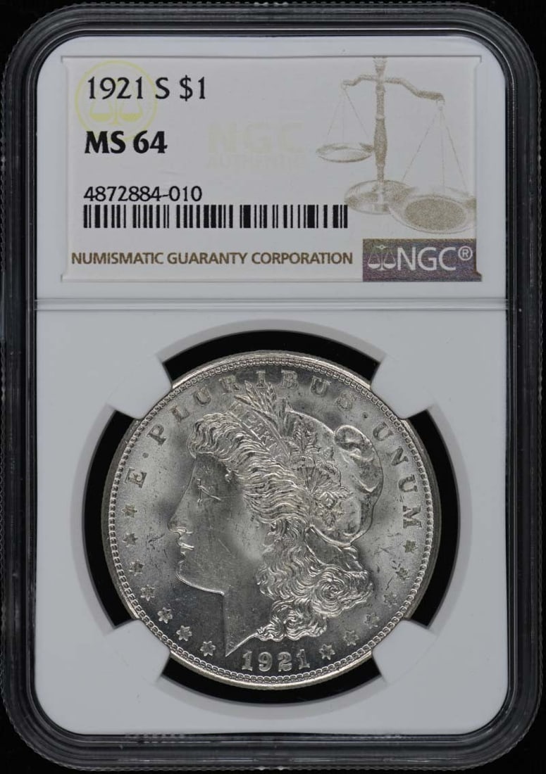 NGC MS64 1921-S San Francisco Morgan Dollar: NGC MS64 1921-S San Francisco Morgan Dollar This 1921 Morgan Dollar was struck in San Francisco and is graded MS64 by NGC. The coin is uncirculated and originates from the United States. It is a pre-o