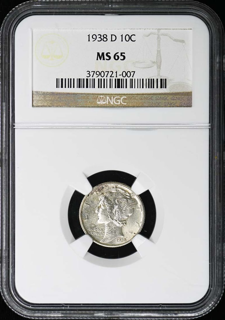 NGC MS65 1938-D Denver Mercury 10C: NGC MS65 1938-D Denver Mercury 10C This 1938-D Mercury Dime is an uncirculated United States coin certified by NGC with a grade of MS65. Minted in Denver, it features the classic Mercury Dime design a