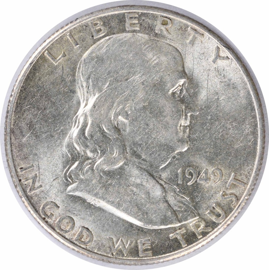 San Francisco 1949 Silver Franklin 50 Cent Coin AU Grade Uncertified: San Francisco 1949 Silver Franklin 50 Cent Coin AU Grade Uncertified This 1949-S Franklin half dollar is composed of 90% silver and 10% copper, struck at the San Francisco Mint. The coin is circulated