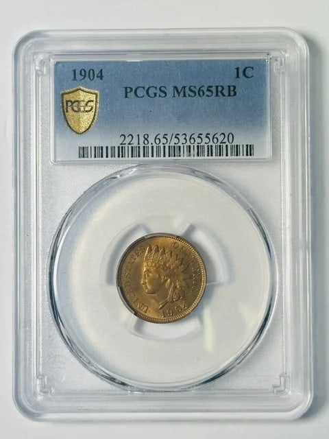 1904 Indian Head Cent PCGS MS-65 RB: 1904 Indian Head Cent PCGS MS-65 RB This 1904 Indian Head Penny is composed of copper and has been graded MS 65 by PCGS. Minted in Philadelphia, this small cent features a red-brown appearance and is 