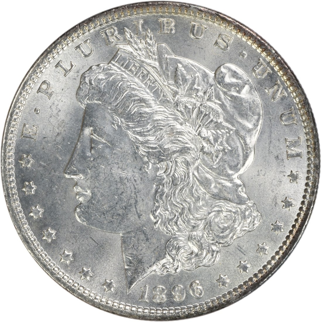 Brilliant Uncirculated 1896 Silver Dollar Morgan Uncertified No Mint Mark: Brilliant Uncirculated 1896 Silver Dollar Morgan Uncertified No Mint Mark This is an uncirculated 1896 Morgan Silver Dollar from the United States. The coin is composed of silver and has a brilliant u