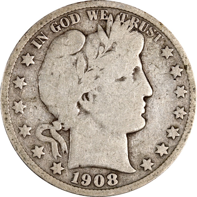 1908 S Barber silver half dollar: 1908 S Barber silver half dollar This 1908-S Barber Half Dollar is a circulated coin composed of 90% silver. Minted in 1908 at the San Francisco location, it is a pre-owned piece from the United State