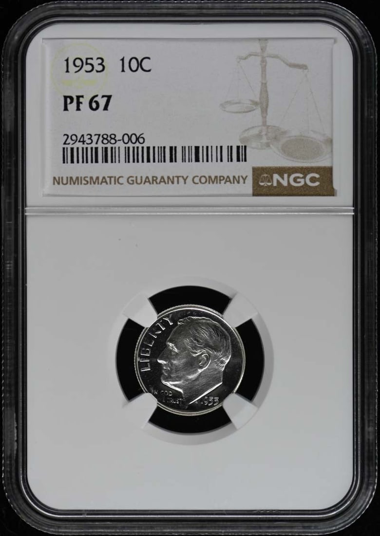 1953 Roosevelt Dime Silver NGC PR67 Uncirculated: 1953 Roosevelt Dime Silver NGC PR67 Uncirculated This 1953 Roosevelt Dime is a stunning example of numismatic artistry, certified by NGC with a grade of PR67. As an uncirculated proof coin from the Ph