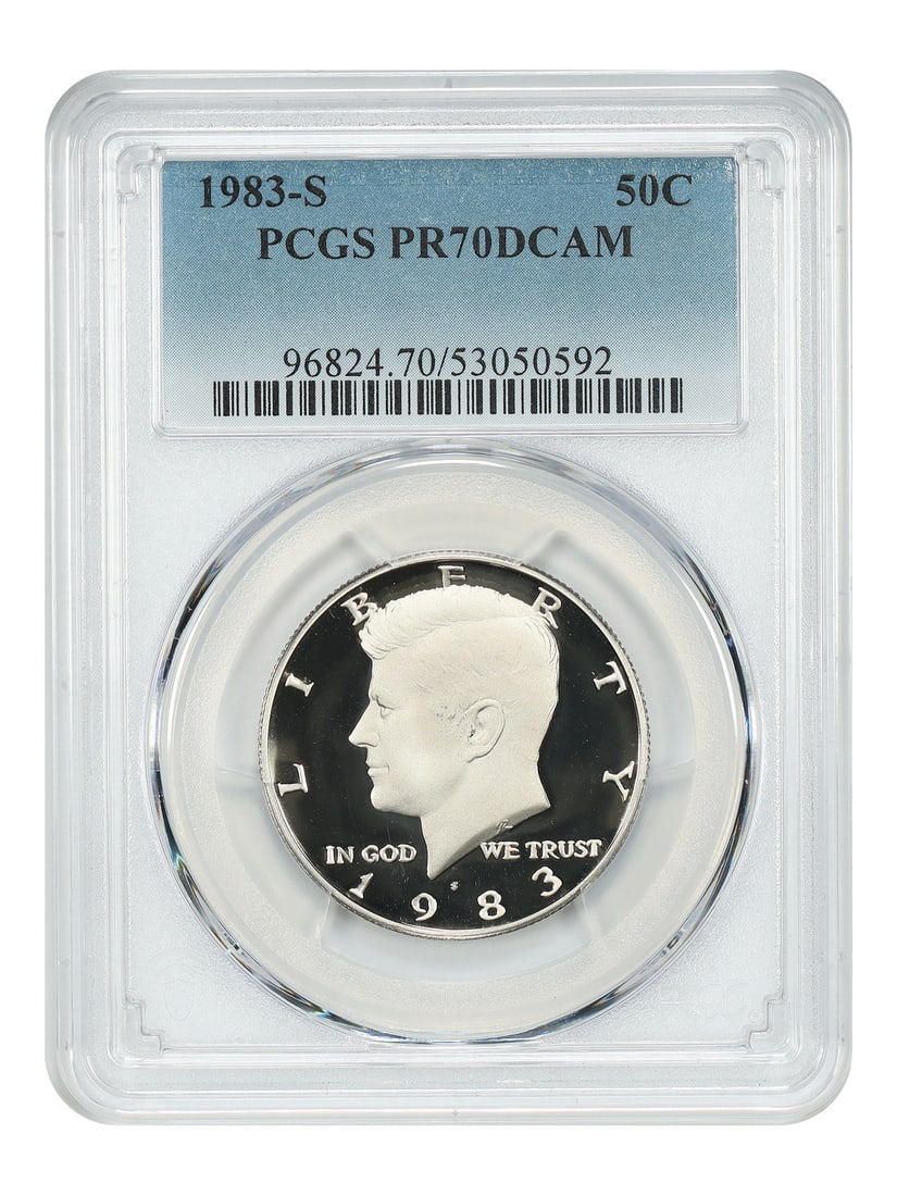 PCGS PR70DCAM 1983-S Kennedy Half Dollar 50C: PCGS PR70DCAM 1983-S Kennedy Half Dollar 50C This is a 1983 Kennedy Half Dollar with a denomination of 50 cents, minted in San Francisco. The coin is uncirculated and has been professionally graded an