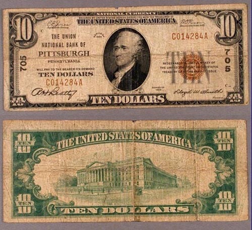 $10 1929 T-1 Union National Bank Pittsburgh Charter 705 Note (1 of 1)