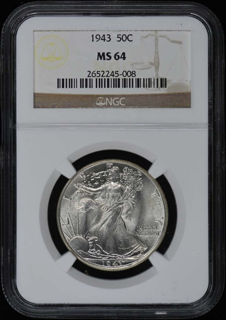 NGC MS64 1943 Walking Liberty Half Dollar 50C: NGC MS64 1943 Walking Liberty Half Dollar 50C This 1943 Walking Liberty Half Dollar is graded MS64 by NGC. The coin is uncirculated and originates from the Philadelphia Mint. It is a pre-owned United 