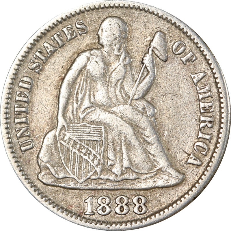 1888 San Francisco Seated Liberty silver dime: 1888 San Francisco Seated Liberty silver dime This is an 1888-S Seated Liberty Dime from the United States, composed of 90% silver. The coin is circulated and in pre-owned condition. It is uncertified