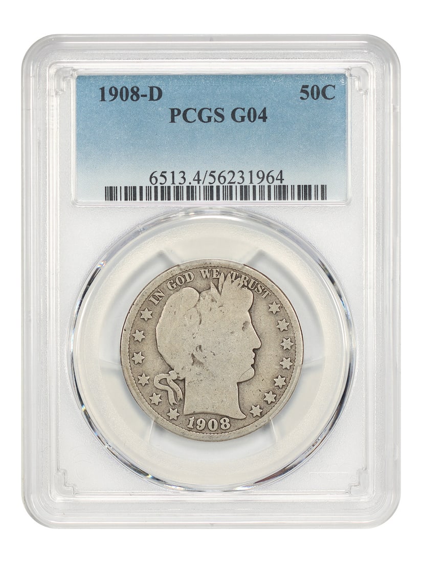 1908-D Barber Half Dollar PCGS Good 04 50C: 1908-D Barber Half Dollar PCGS Good 04 50C This is a 1908 Barber Half Dollar, minted in Denver and certified by PCGS with a Good 04 grade. The coin is pre-owned and features the classic Barber design.