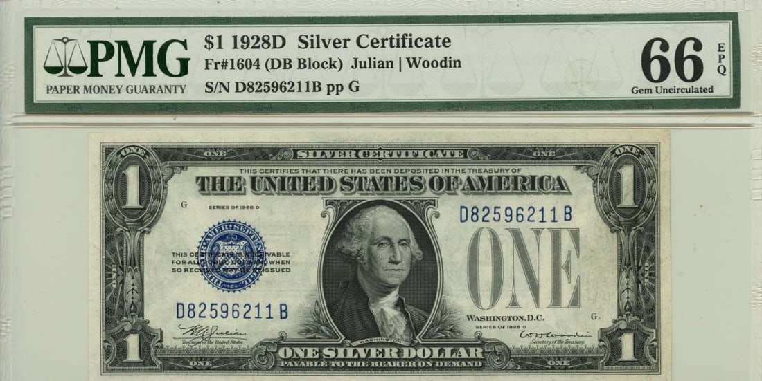 1928D $1 Silver Certificate Blue Seal PMG Gem 66 EPQ: 1928D $1 Silver Certificate Blue Seal PMG Gem 66 EPQ This 1928D $1 Silver Certificate features a striking blue seal and is designated as Fr# 1604. Certified by PMG with a Gem 66 EPQ grade, it remains 