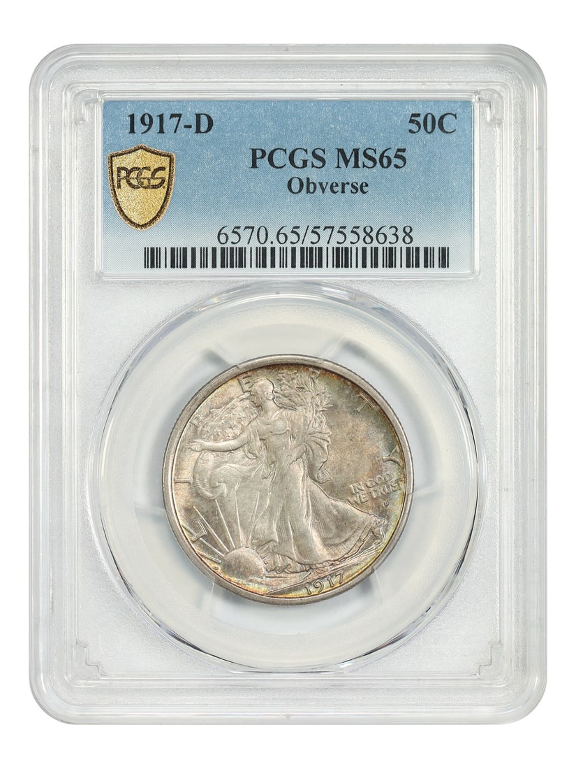 PCGS MS65 1917-D Walking Liberty Half Dollar 50C: PCGS MS65 1917-D Walking Liberty Half Dollar 50C This 1917-D Walking Liberty Half Dollar is a certified uncirculated coin graded MS65 by PCGS. Struck in Denver with a limited mintage of 765,400, this 