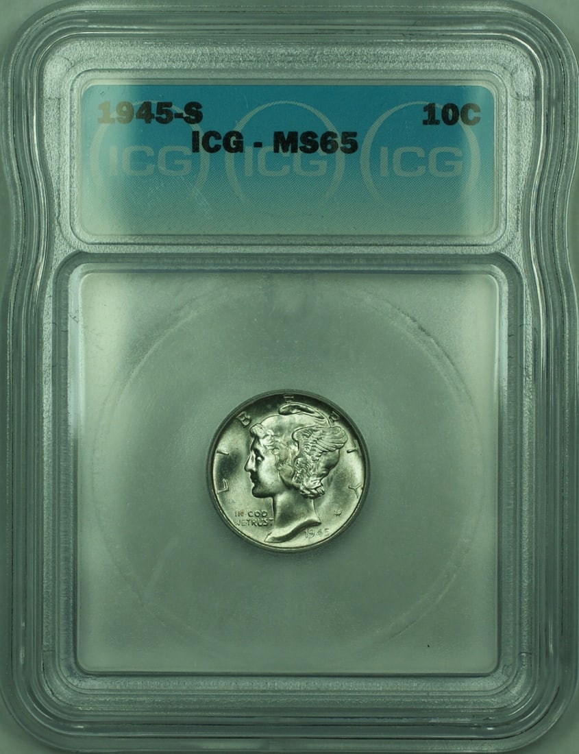 ICG MS-65 1945-S Mercury 10c Silver Dime: ICG MS-65 1945-S Mercury 10c Silver Dime This is a 1945-S Mercury Silver Dime graded MS-65 by ICG. The coin is uncirculated, composed of 90% silver, and was minted in San Francisco. It is a pre-owned 