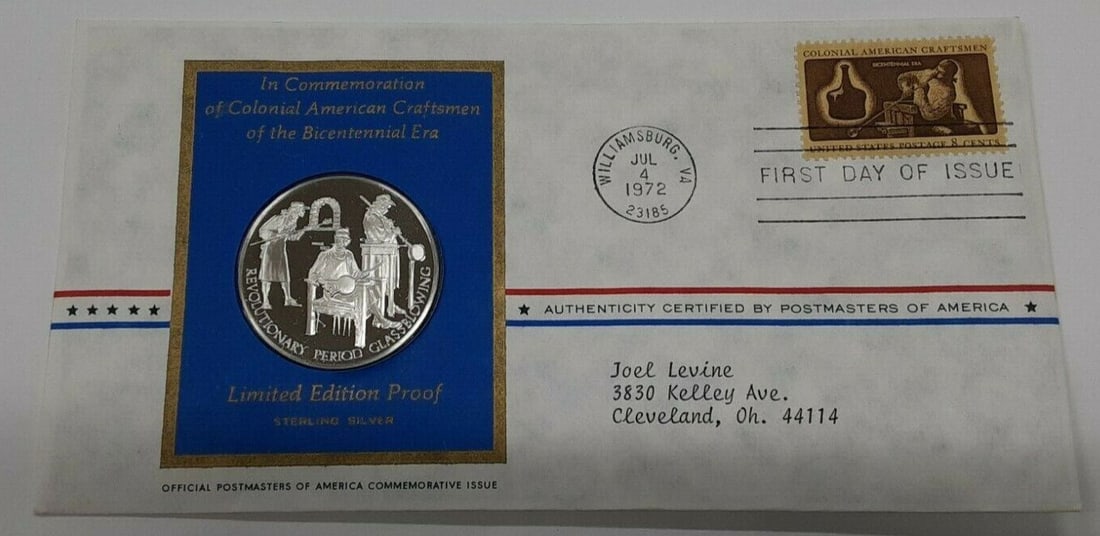Franklin Mint sterling silver Postmasters America medal Colonial glassblowers (1 of 2)