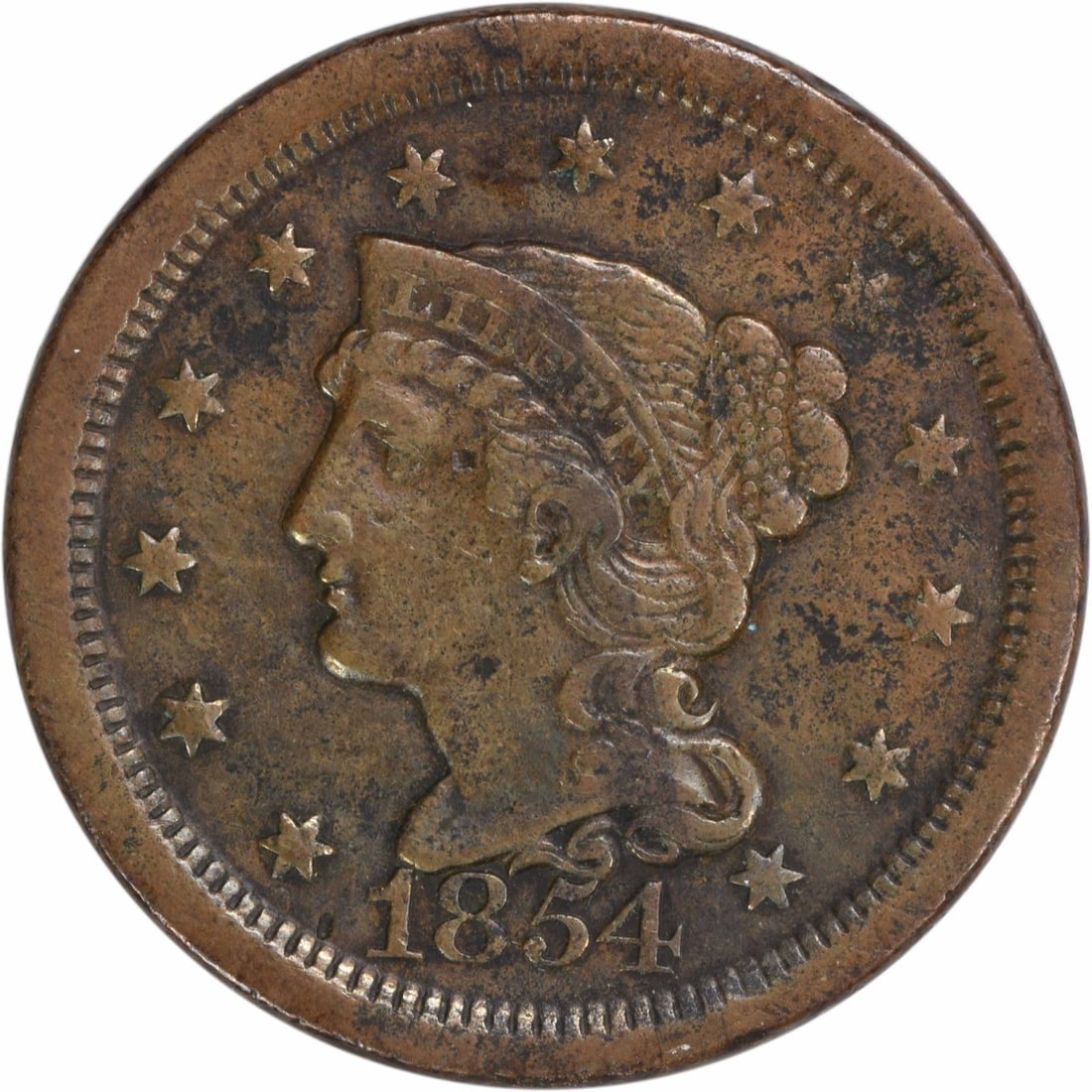 1854 Braided Hair Large Cent EF Uncertified Copper Coin: 1854 Braided Hair Large Cent EF Uncertified Copper Coin This 1854 Large Cent features the Braided Hair design, crafted from copper and produced at the Philadelphia mint. The coin is circulated and gra