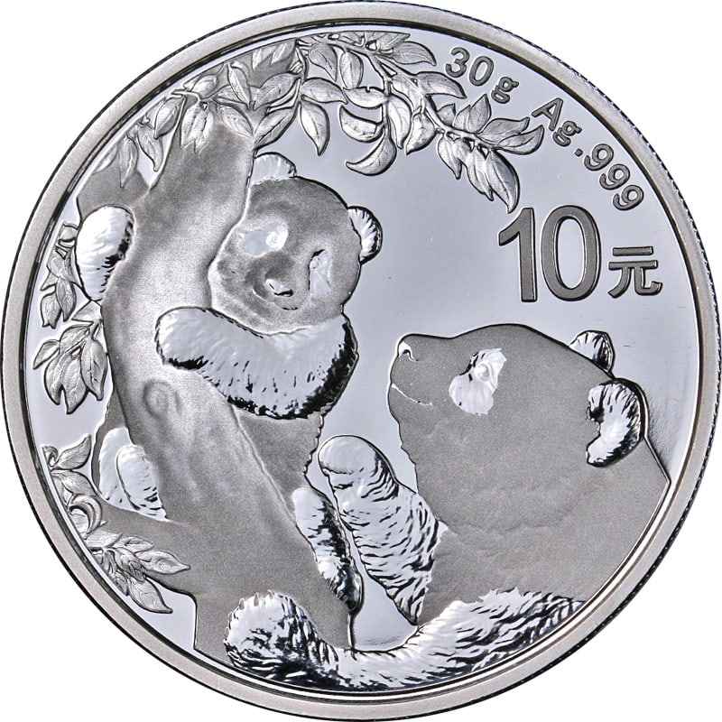 2021 Silver Panda 10 Yuan 30 Gram BU Coin: 2021 Silver Panda 10 Yuan 30 Gram BU Coin This is an uncirculated 2021 China 10 Yuan Silver Panda coin, composed of 30 grams of .999 fine silver. The coin features a design of pandas playing in the sn